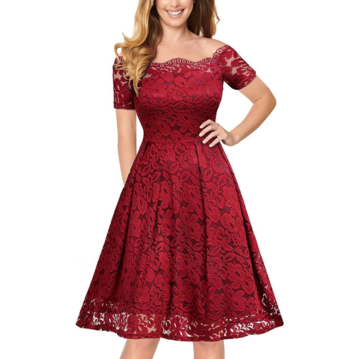 GENERICO - VESTIDO ACAMPANADO DE ENCAJE IDEAL PARA FIESTA GALA BODA