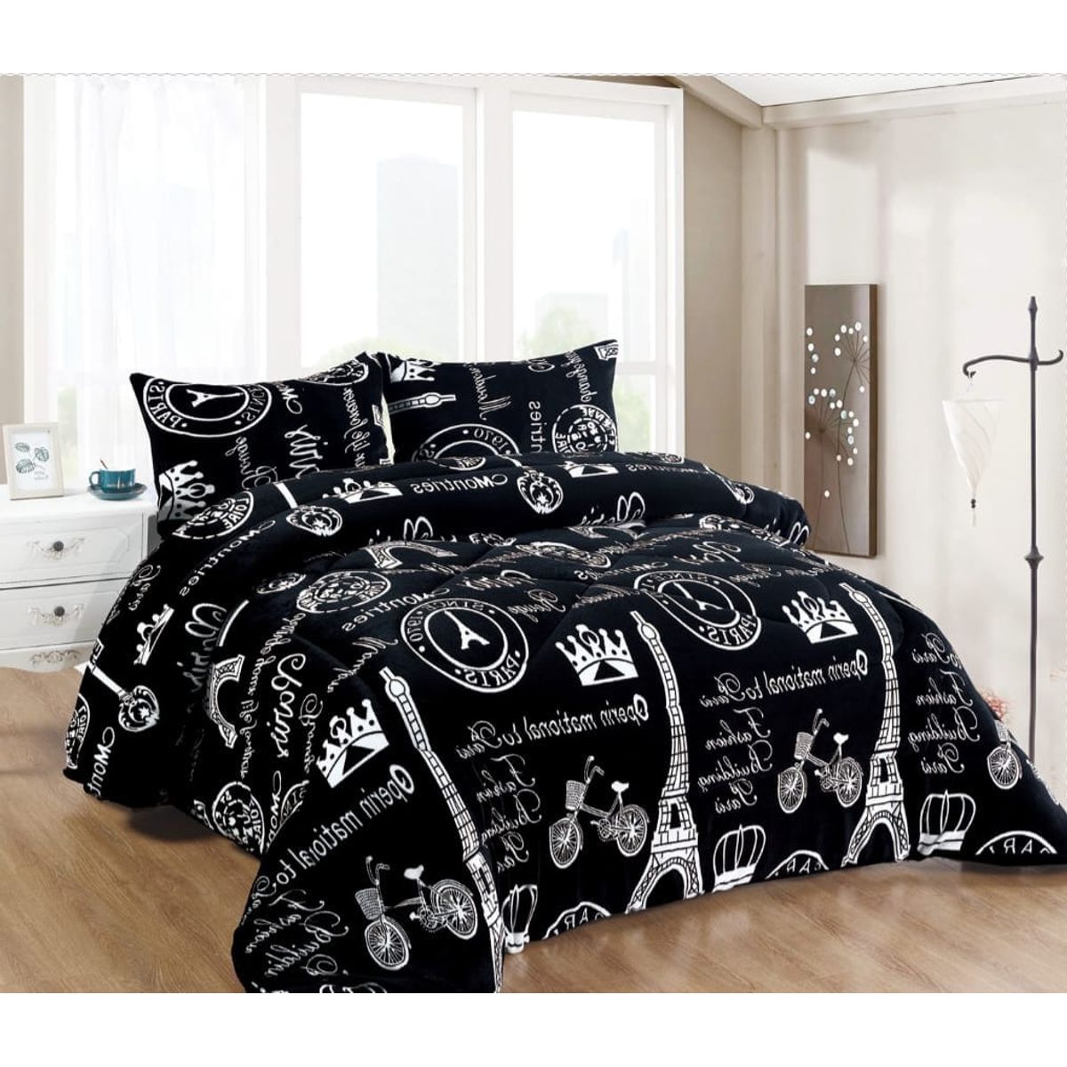 GENERICO - Cubrecama de Invierno Plush con Chiporro 2 P Negro Torre Eiffel