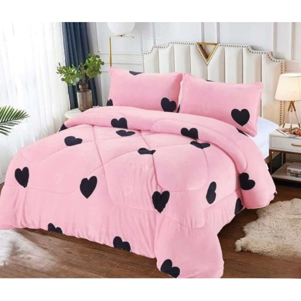 GENERICO - Cubrecama de Invierno Plush con Chiporro 2 P Rosado con Corazones