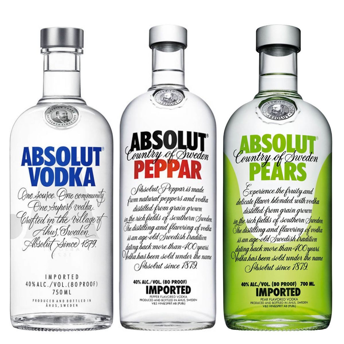 ABSOLUT - 3 Vodka Absolut Tripack: Peppar + Blue + Pears (750ml)