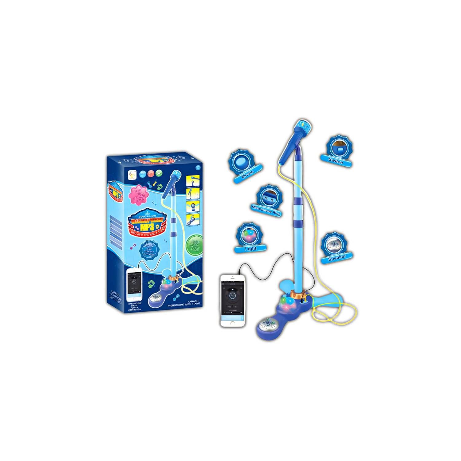 Micrófono De Karaoke Para Niños Con Soporte Ajustable (45-97 Cm) – Plug & Play, Luces LED Y Eco, Compatible Con Móviles Y MP3 (Azul)