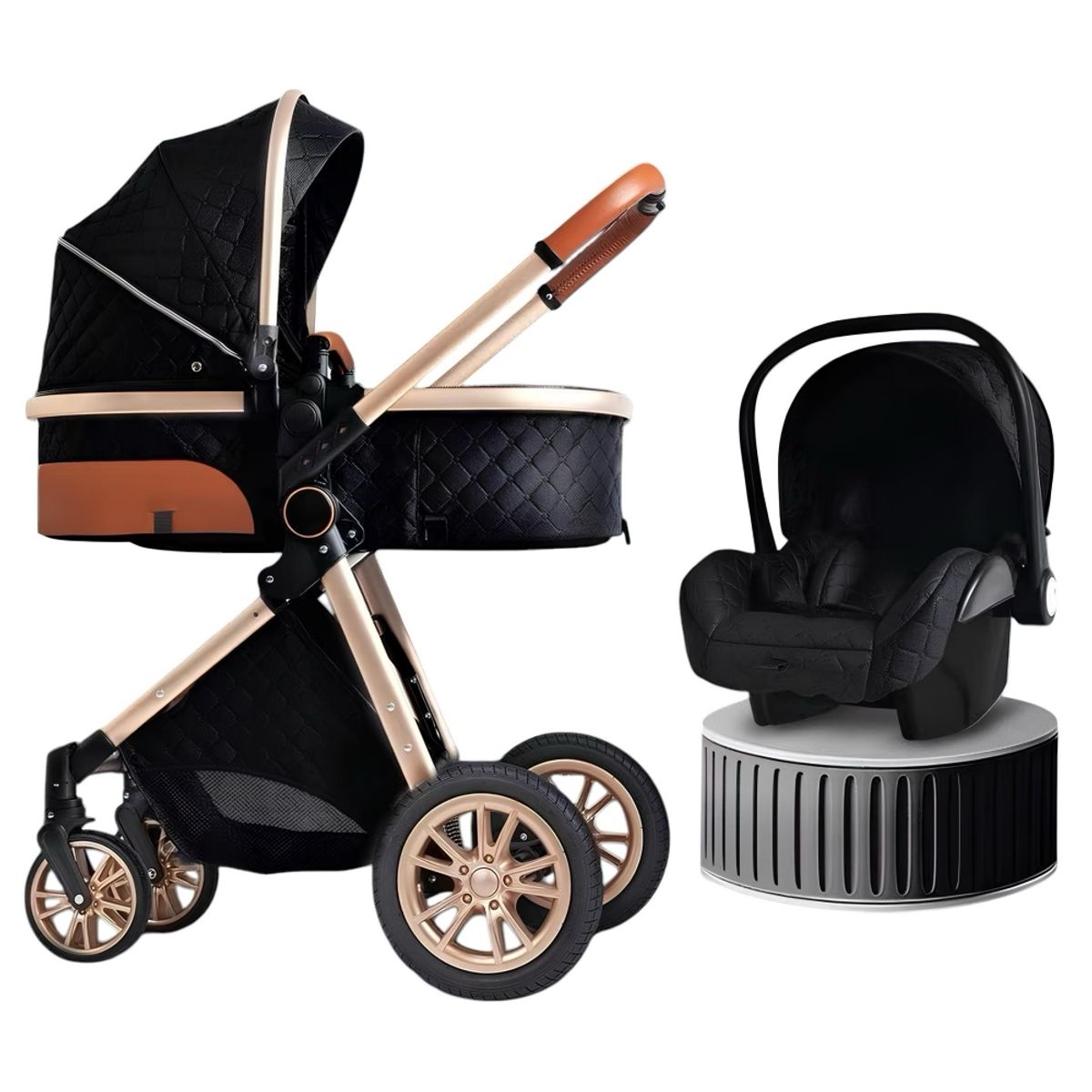 LUBABYCAS - Coche Deluxe Con Silla Nido Y Accesorios Negro Lubabycas