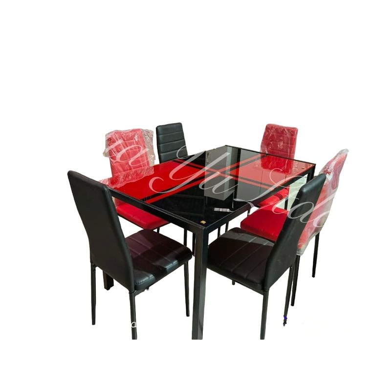 OEM - Juego Comedor Rectangular Vidrio Templado 6 Sillas Negro Rojo