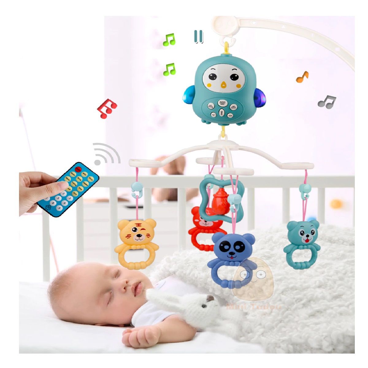 GENERICO - Móvil Giratorio Para Cuna De Bebe Con Luz Y Sonido Buho Azul