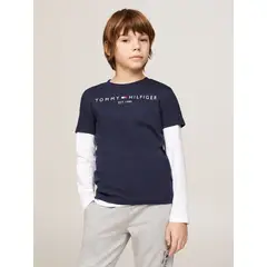 TOMMY HILFIGER - Polera Kids Essential Logo C-Neck Azul