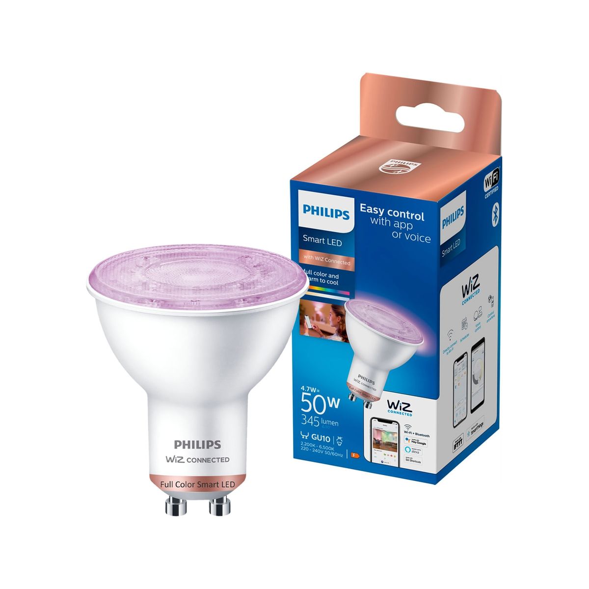 GENERICO - AMPOLLETA GU10 WIZ INTELIGENTE 4,7W L/CÁLDA A FRÍA Y RGB BCO