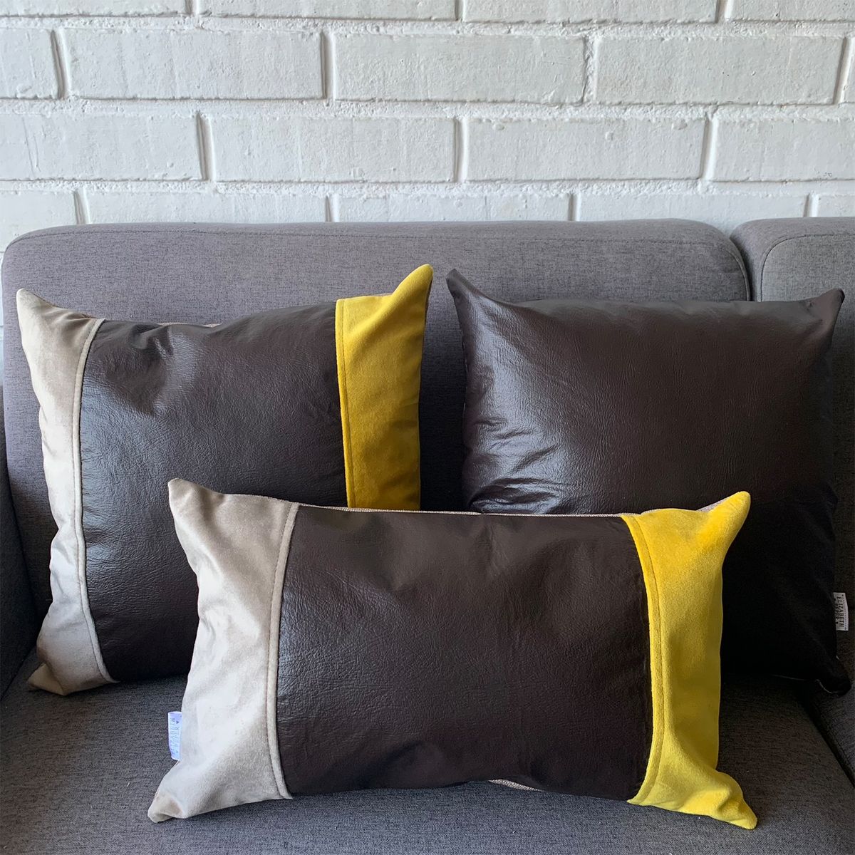 ELIZABETH PEPER - Cojin Decorativo EcoCuero Cafe Beige Amarillo 60x60 Relleno