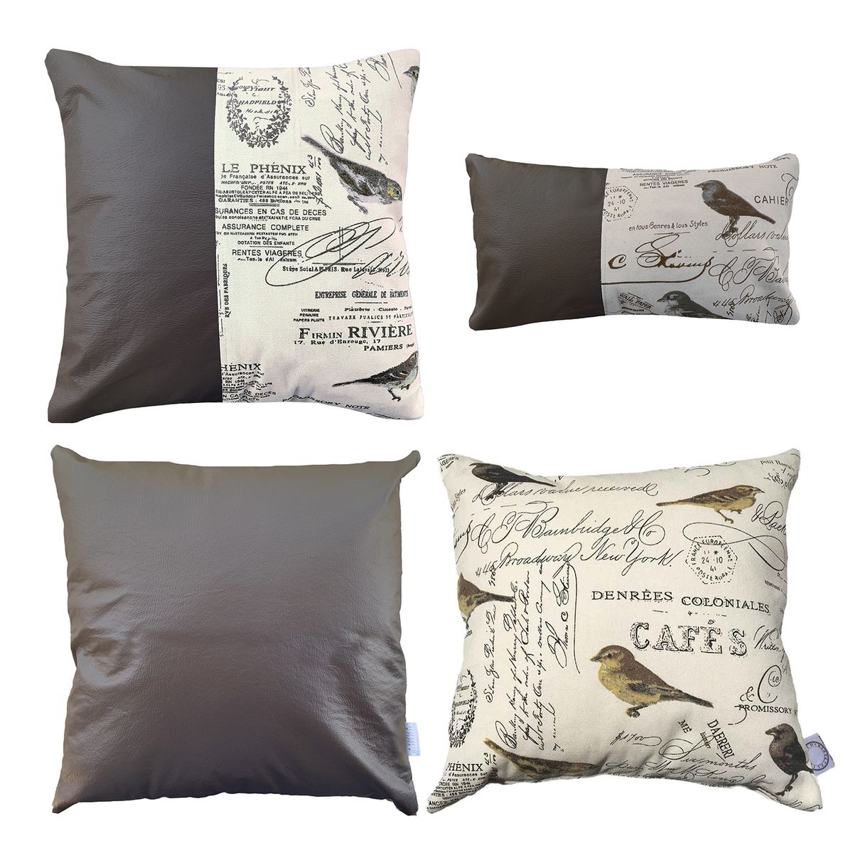 ELIZABETH PEPER - Pack 4 Cojines Decorativo EcoCuero Aves Cafe 45x45 Relleno.