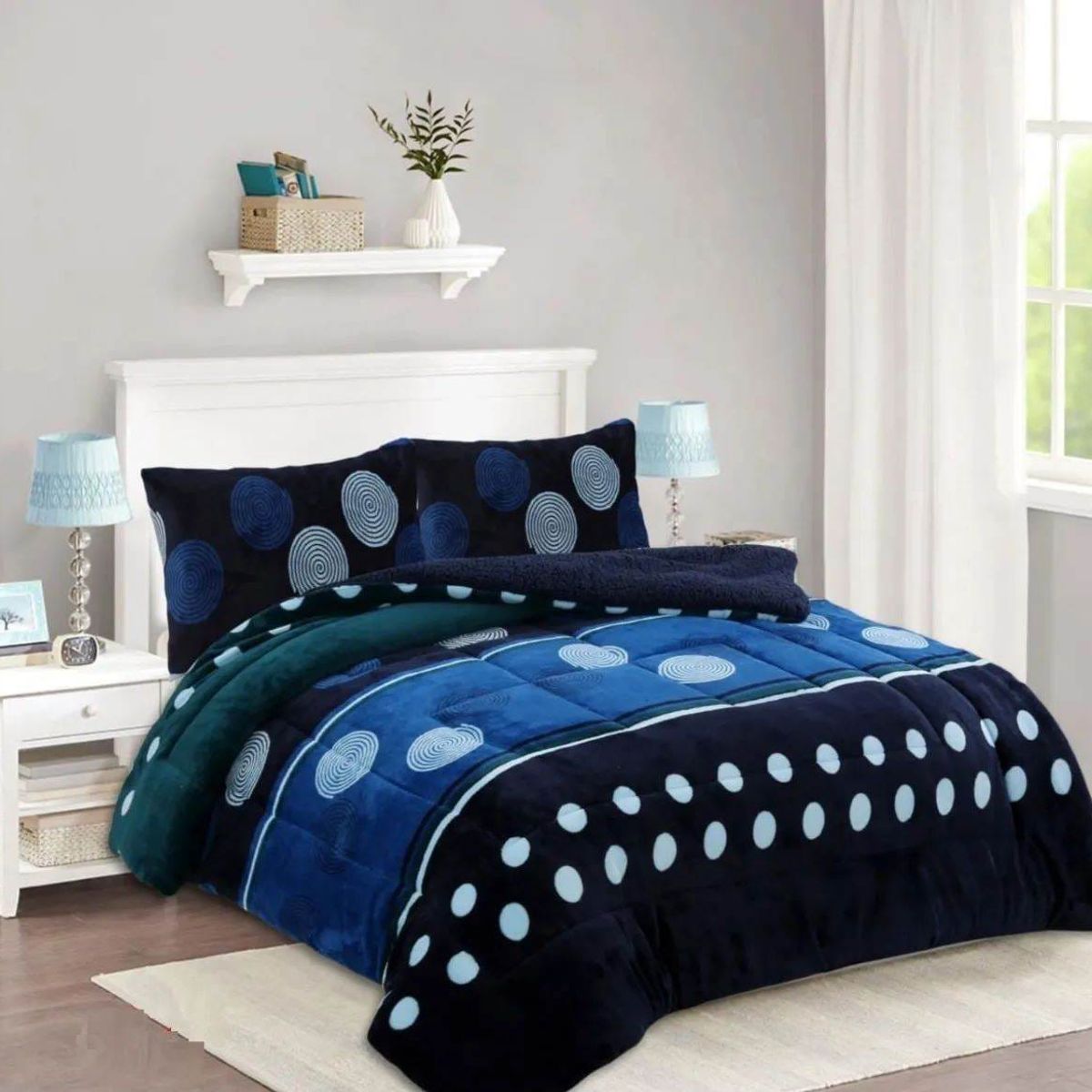 GENERICO - COBERTOR, AZUL DISEÑO ESTAMPADO CON CHIPORRO Y PLUSH INVIERNO 2 PLAZA