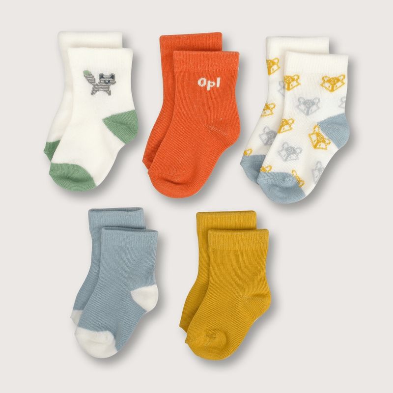 OPALINE - Calcetines de bebé niño zorro pack de 5 mostaza (recién nacido a 9 meses)