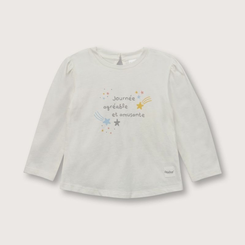 OPALINE - Polera de niña manga larga con fruncido blanco (6 meses a 4 años)