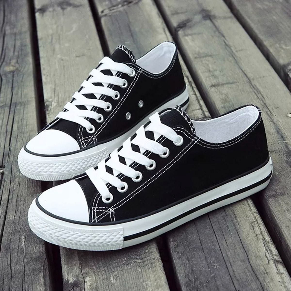 GENERICO - Zapatilla De Mujer Urbana De Lona Casual - Negro y Blanco - 7079…