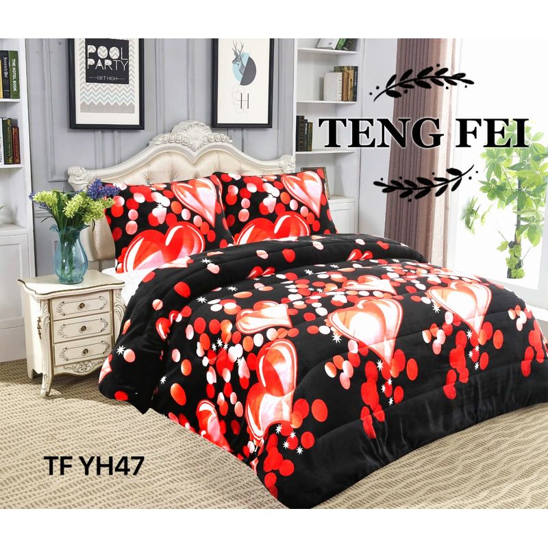 GENERICO - Cubrecama de Invierno Plush con Chiporro 2 P Negro con Corazones