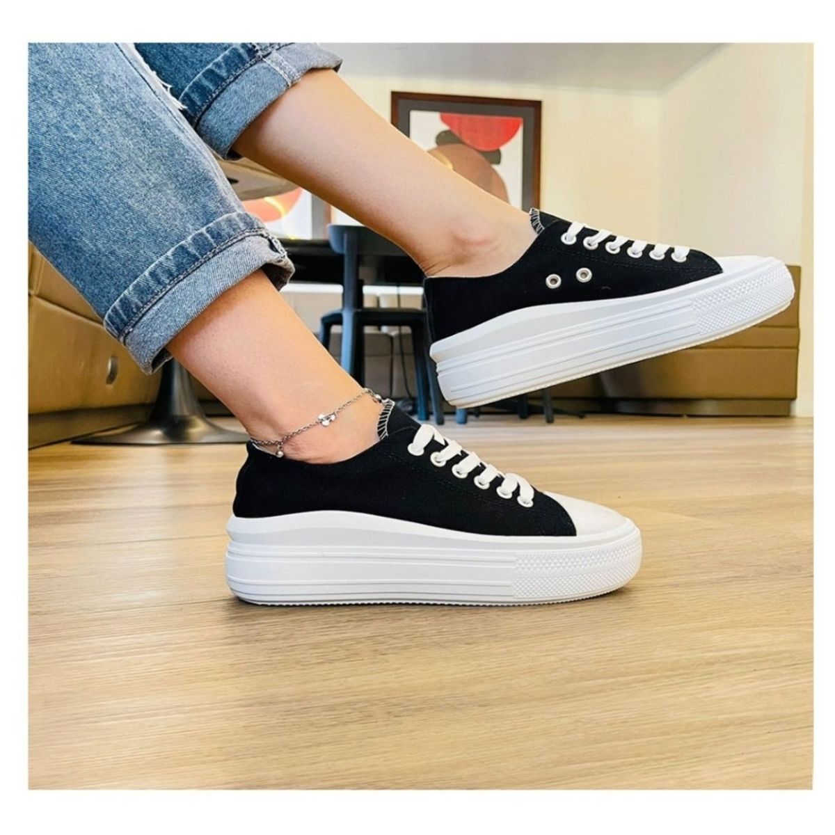 GENERICO - Zapatilla Urbana De Lona Con Plataforma Casual - Negro - 7083