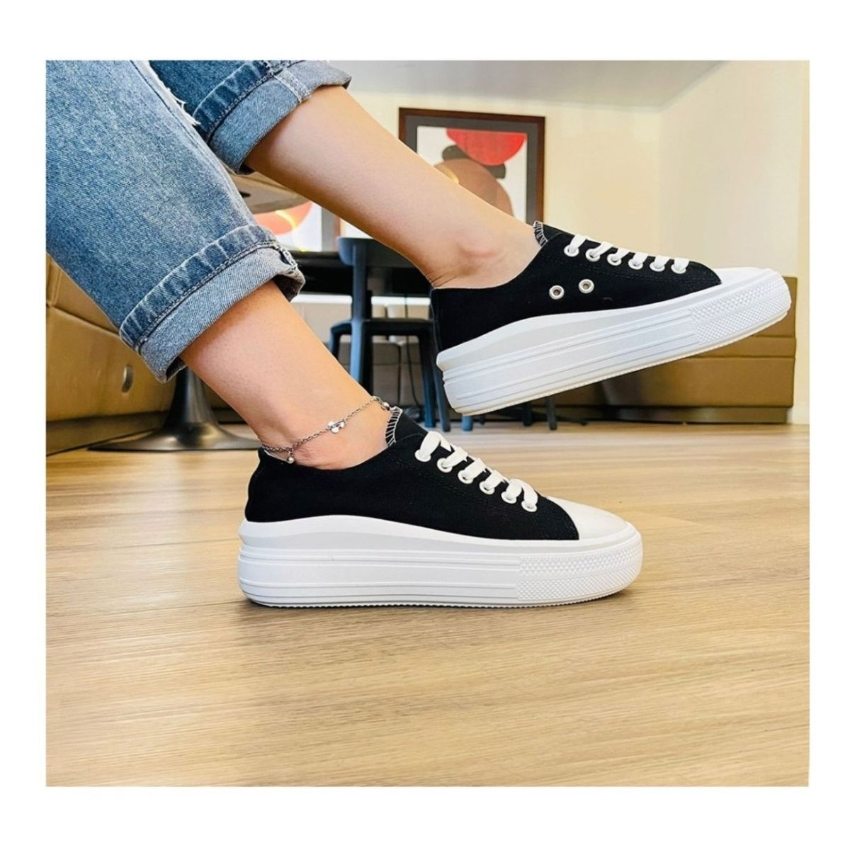 GENERICO - Zapatilla Urbana De Lona Con Plataforma Casual - Negro - 7083