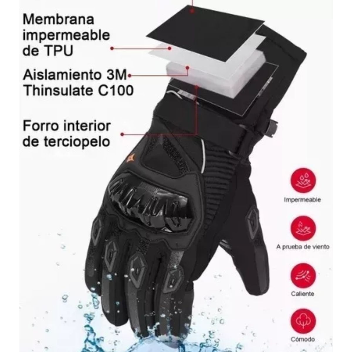 GENERICO - Guantes de invierno para motos impermeable negro talla L