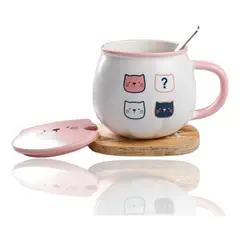 GENERICO - Taza Cat Cute Mug Con Tapa Y Cuchara Gato Kawaii 134A