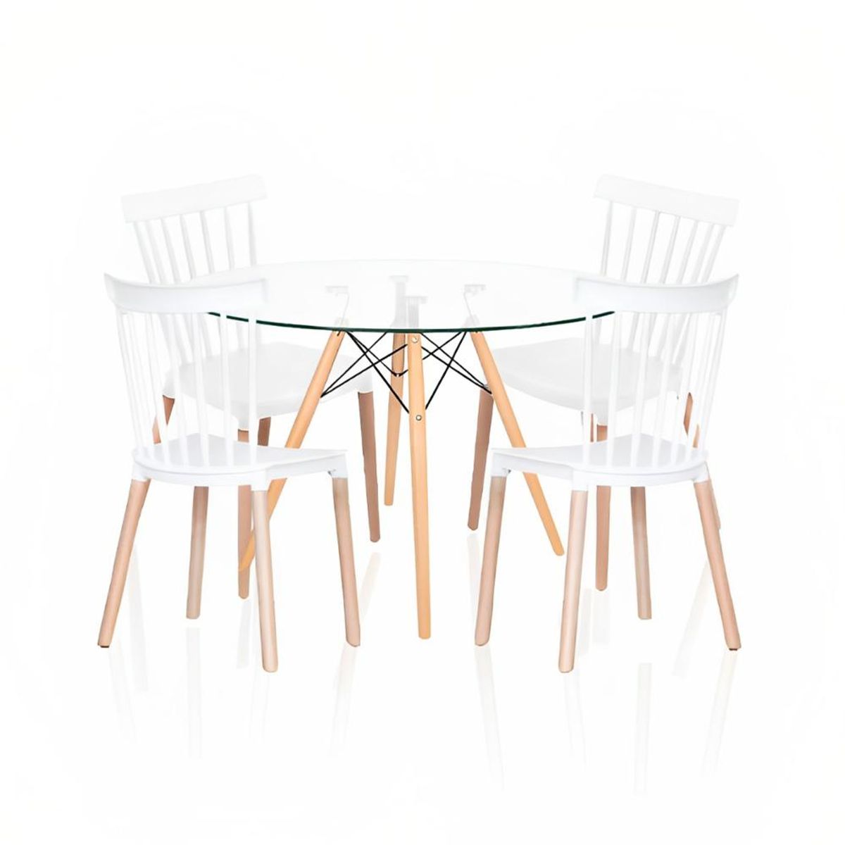 KLIK - Comedor Mesa Eames Redonda vidrio 100cm + 4 Sillas Windsor Blancas KLIK