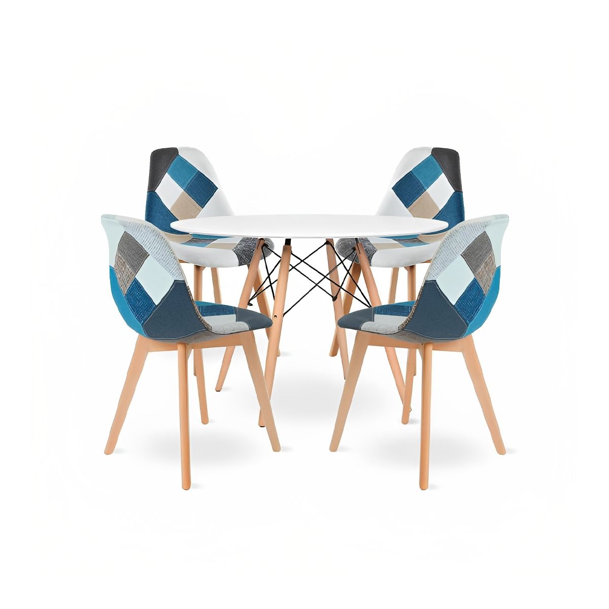 KLIK - Comedor Mesa Redonda blanca 80cm + 4 sillas Patchwork wood celeste KLIK