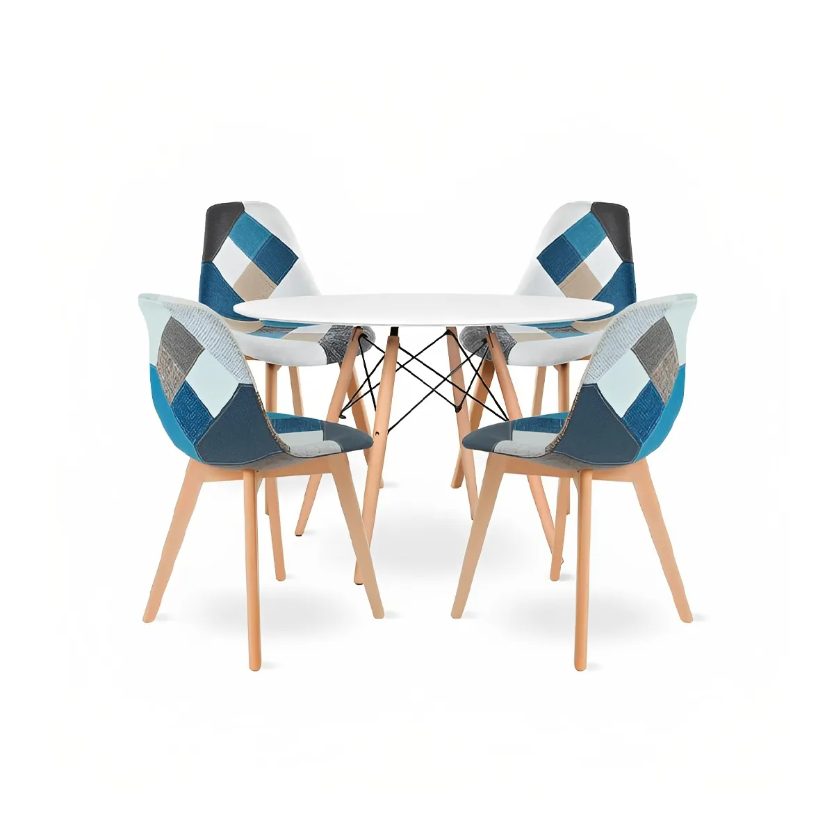 KLIK - Comedor Mesa Redonda blanca 80cm + 4 sillas Patchwork wood celeste KLIK