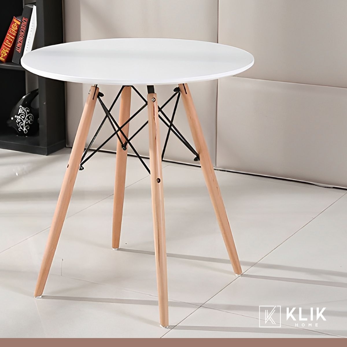 KLIK - Comedor Mesa Redonda blanca 80cm + 4 sillas Patchwork wood celeste KLIK