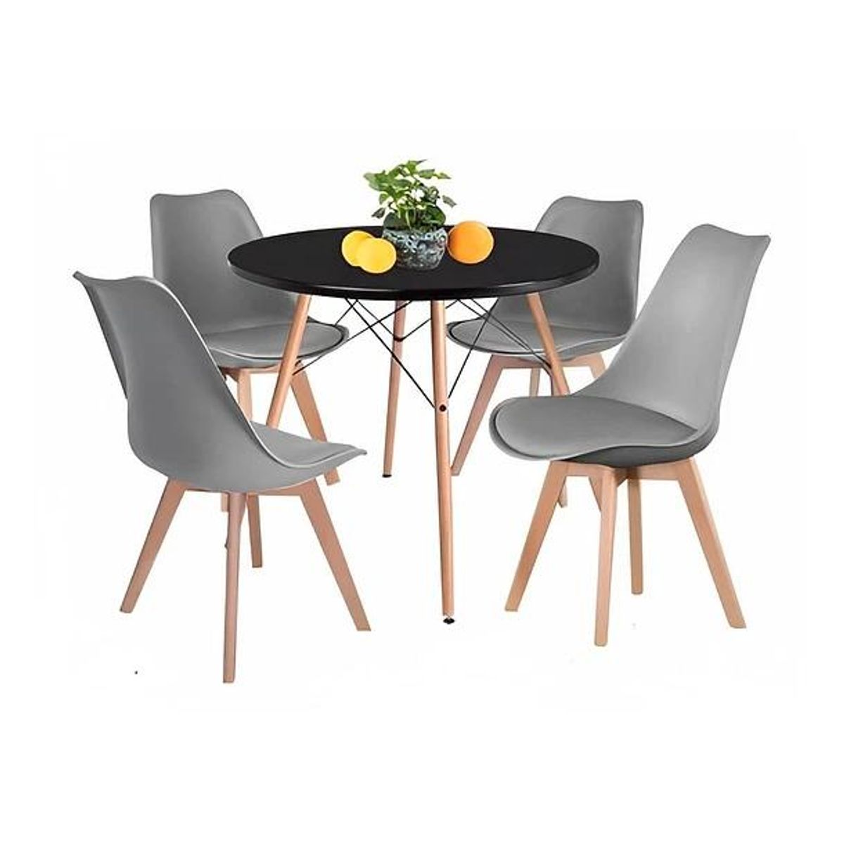 KLIK - Comedor mesa Eames redonda negra 80cms + 4 sillas Tulip grises KLIK