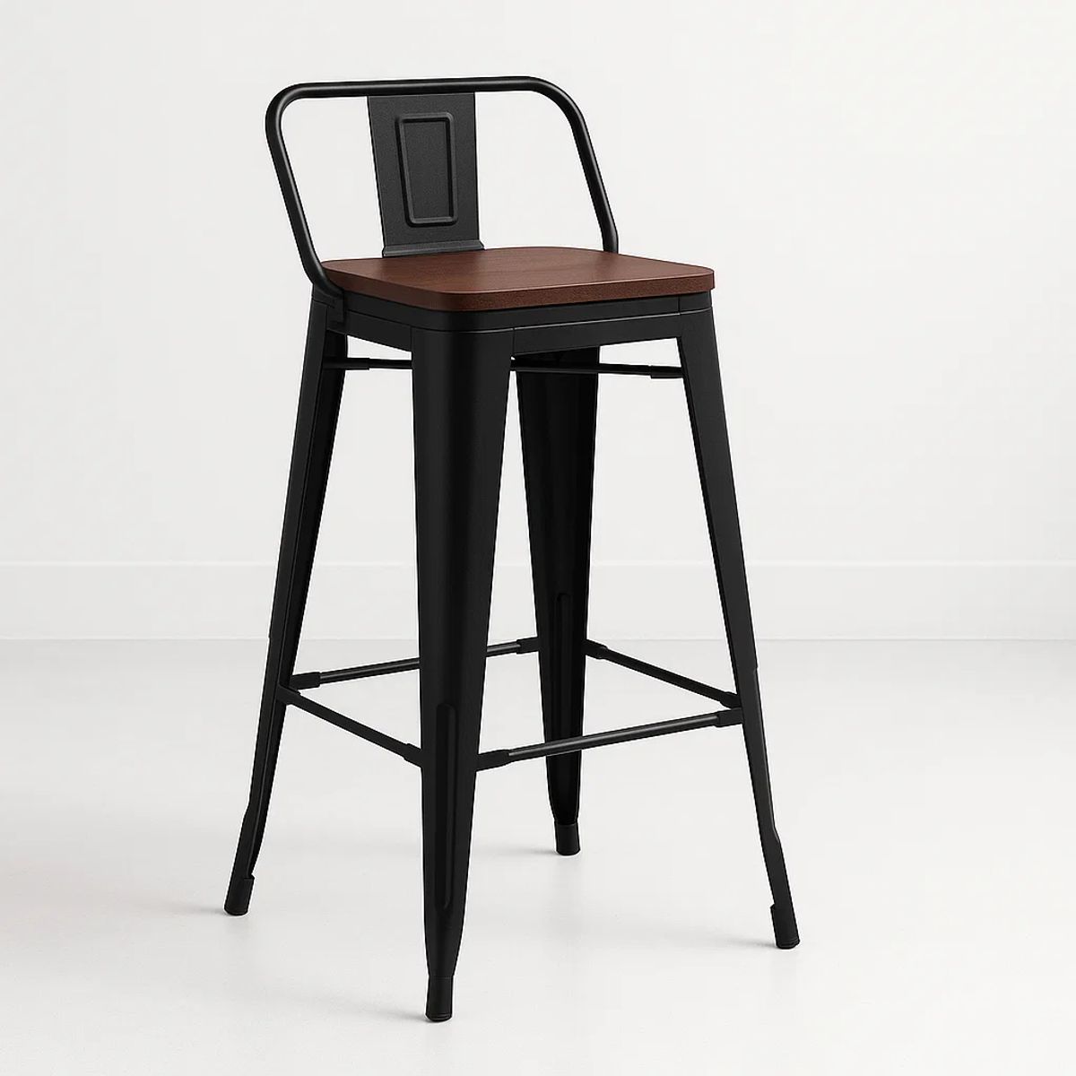 KLIK - Taburete Tolix Negro Alto con Respaldo para bar o terraza - Asiento de Madera Oscura Walnut