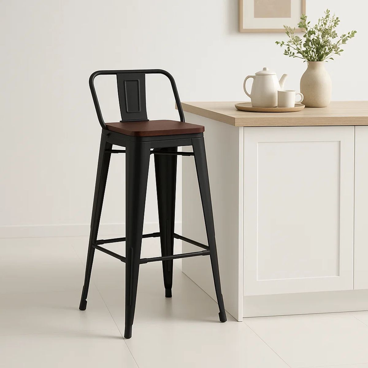 KLIK - Taburete Tolix Negro Alto con Respaldo para bar o terraza - Asiento de Madera Oscura Walnut