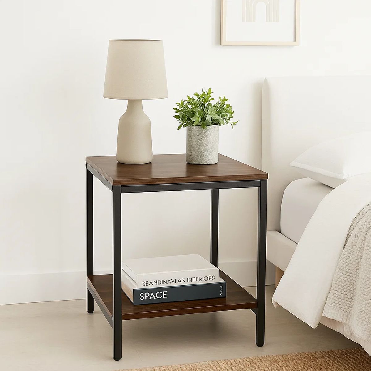 KLIK - Velador Mesa Auxiliar Lateral de 2 Niveles - Madera Oscura Walnut