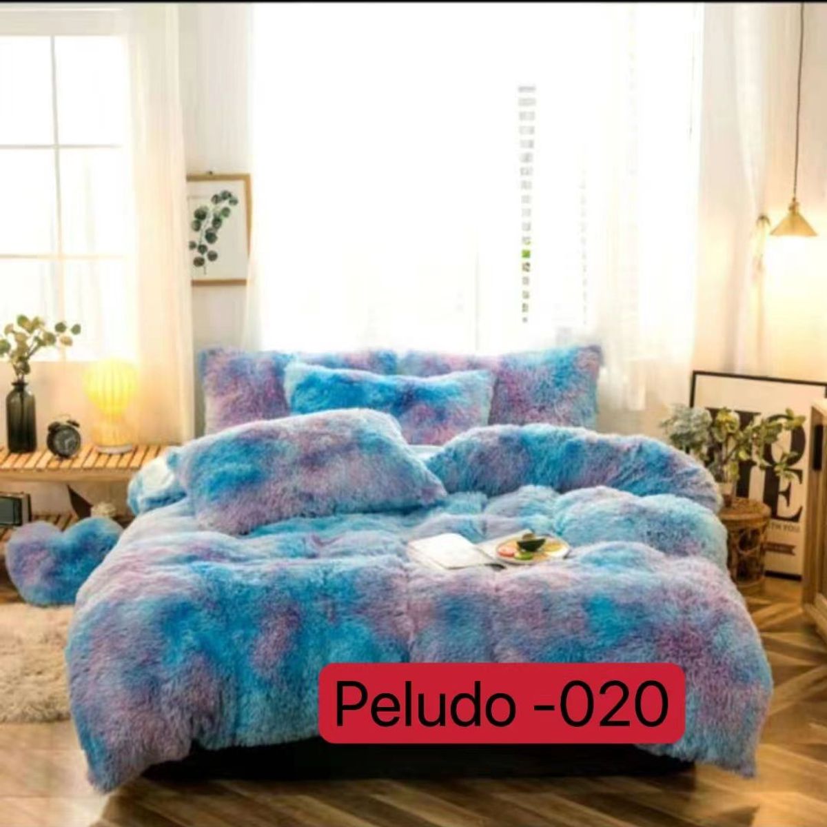 GENERICO - Cubrecama de Invierno Peludo con Chiporro 2 Plaza Azul Jaspeado 020