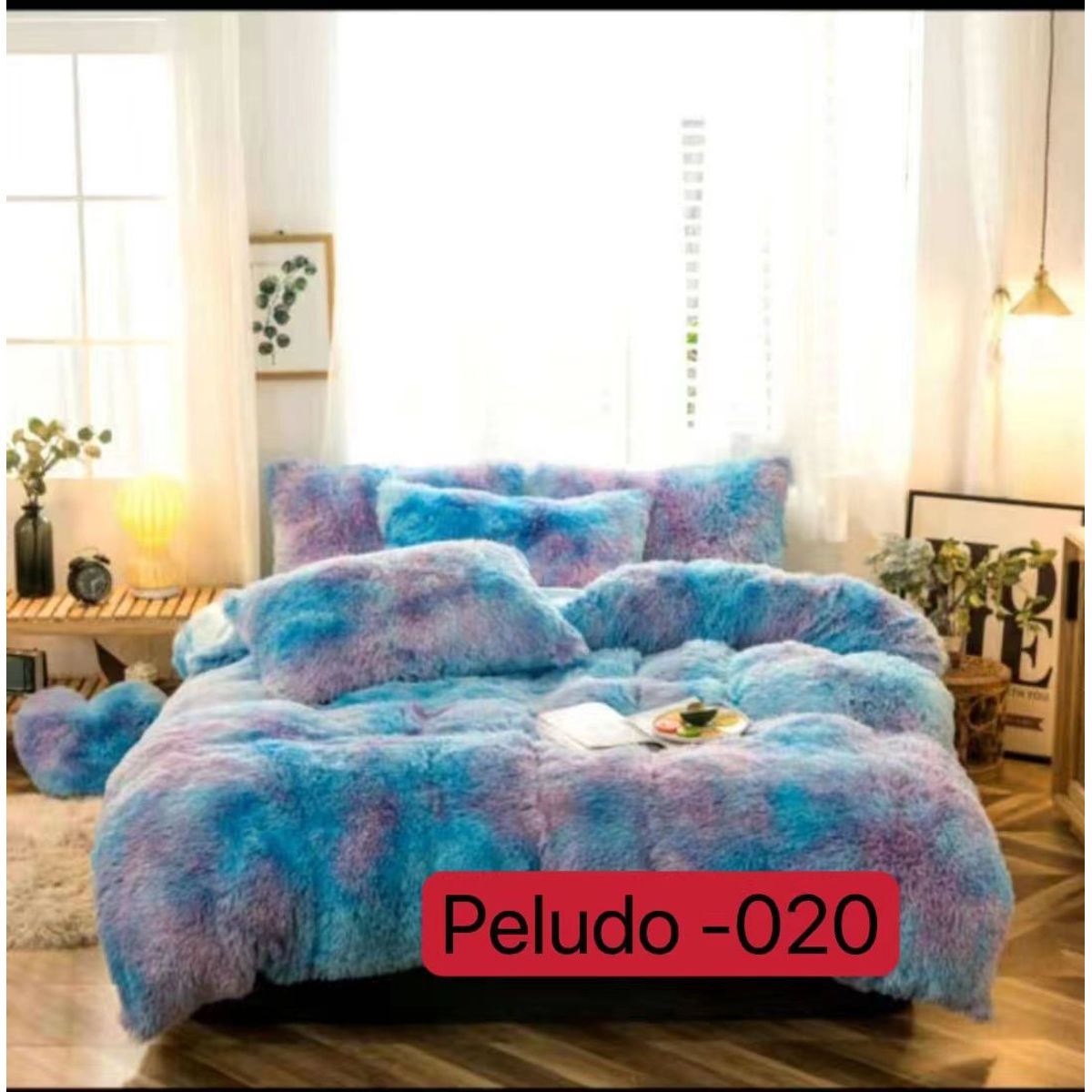 GENERICO - Cubrecama de Invierno Peludo con Chiporro 2 Plaza Azul Jaspeado 020