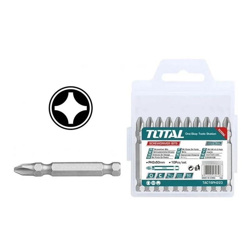 TOTAL TOOLS - Juego Puntas Phillips Hexagonal S2 Ph2 10pc Magnetico