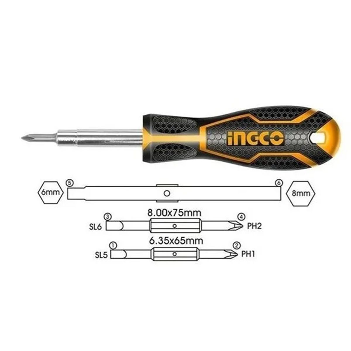 INGCO - Destornillador 6 En 1 Ph Sl Hex 6 Piezas