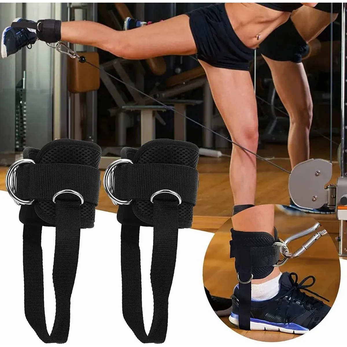 KUANGYE - Par Tobilleras Para Polea Negra Enganche Gym Glúteos