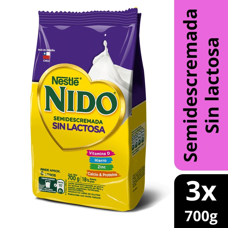 NIDO - Leche En Polvo Nido® Semidescremada S/lactosa Bolsa 700g X3