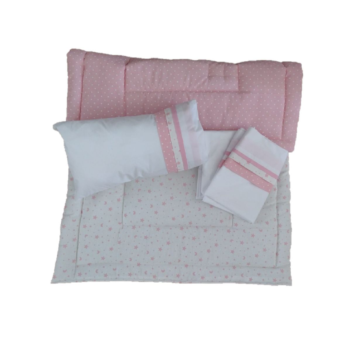 GENERICO - Set cuna Corral 110x70 cm - Rosado estrella luna y Puntos Blancos