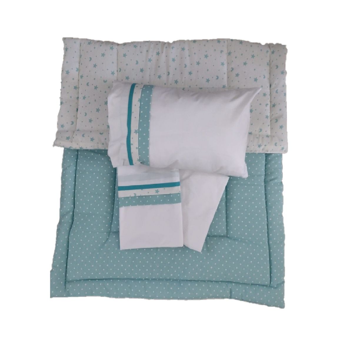 GENERICO - Set cuna Corral 110x70 cm - Verde estrella luna y Puntos Blancos