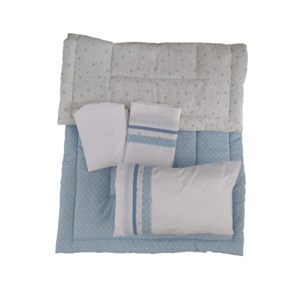 GENERICO - Set cuna Corral 110x70 cm - Celeste estrella luna y Puntos Blancos