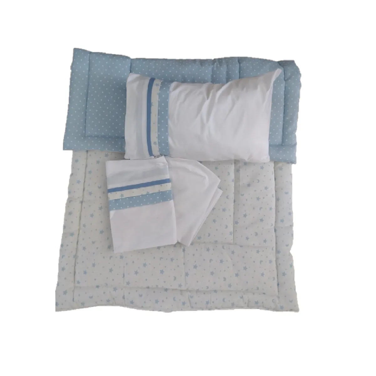 GENERICO - Set cuna Corral 110x70 cm - Celeste estrella luna y Puntos Blancos