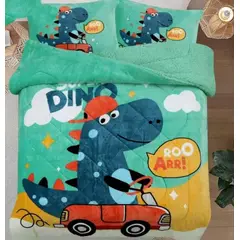 TODOHOGAR SANTIAGO DE CHILE - Cubrecama Polar con Chiporro 1.5 infantil diseño dinosaurio verde agua 020