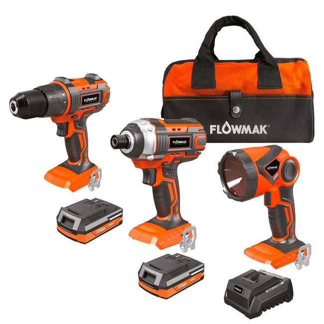 FLOWMAK - Kit Taladro Linterna Atornillador Sierra Circular y hoja