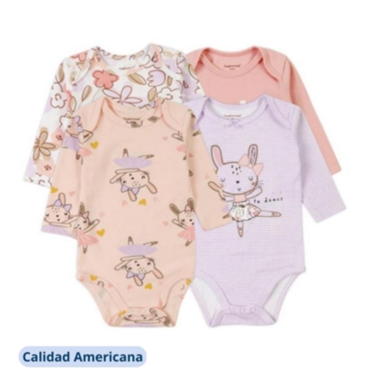 TEDMIMAK - Pack 4 Bodys Bebe Niña Tedmimak Algodón Manga Larga SURTIDO