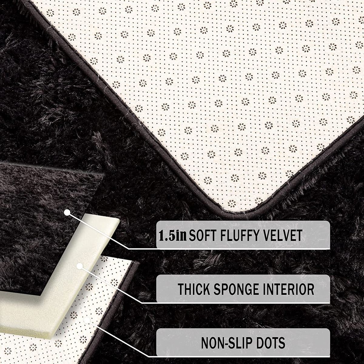 GENERICO - ALFOMBRA  PELUDA, ANTIDESLIZANTE, NEGRO LISO 180X200 CM