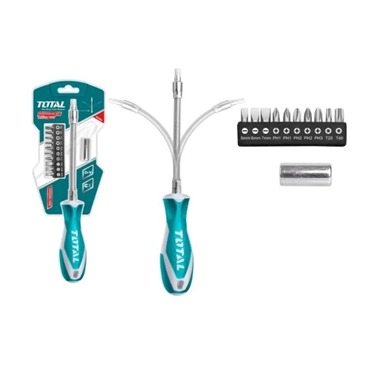TOTAL TOOLS - Destornillador Flexible Con Juego Puntas 12 Piezas