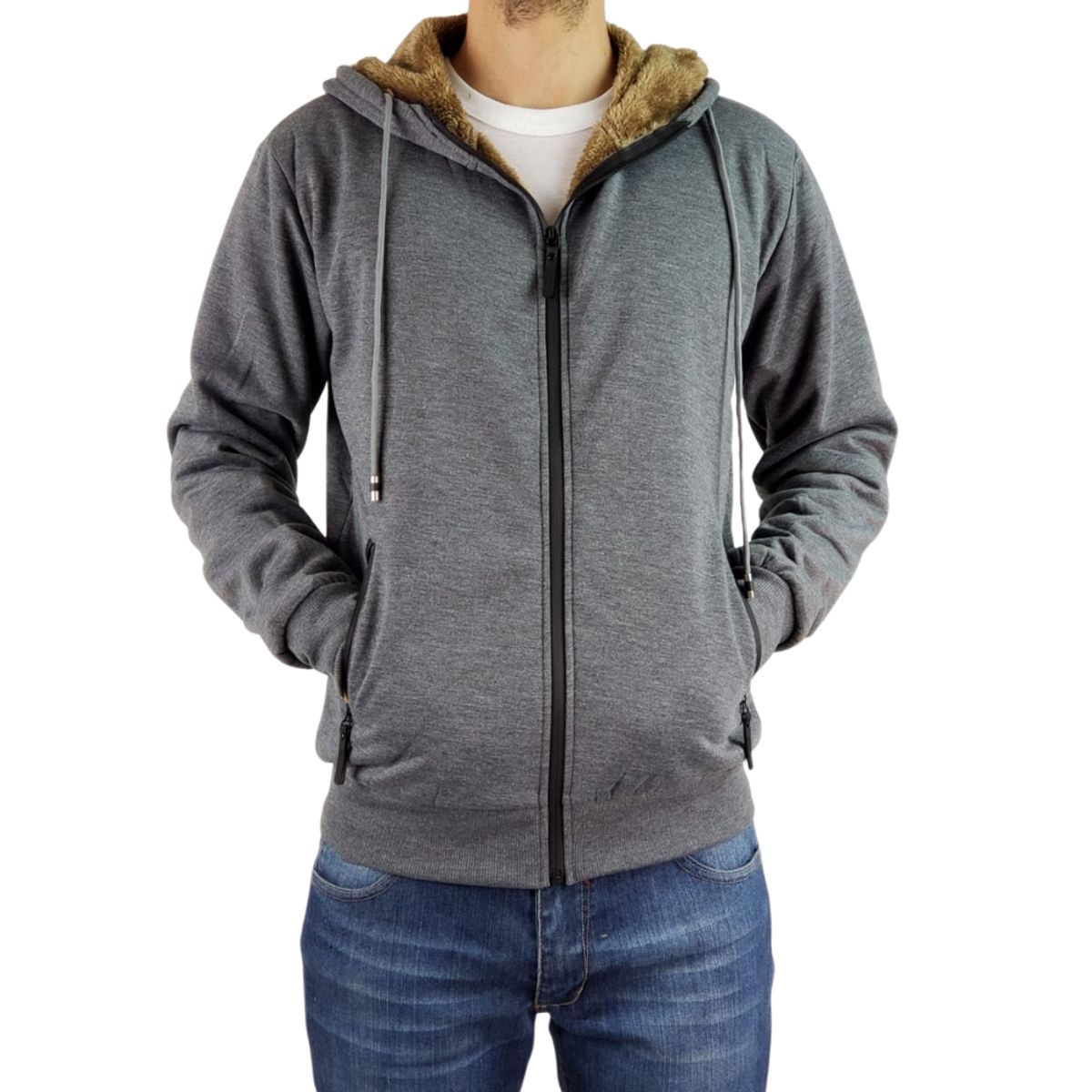 LOOK SHOP - Chaqueta Polerón Hombre Invierno Cierre Forro Piel Con Gorro. 517