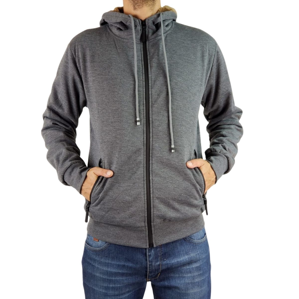 LOOK SHOP - Chaqueta Polerón Hombre Invierno Cierre Forro Piel Con Gorro. 517