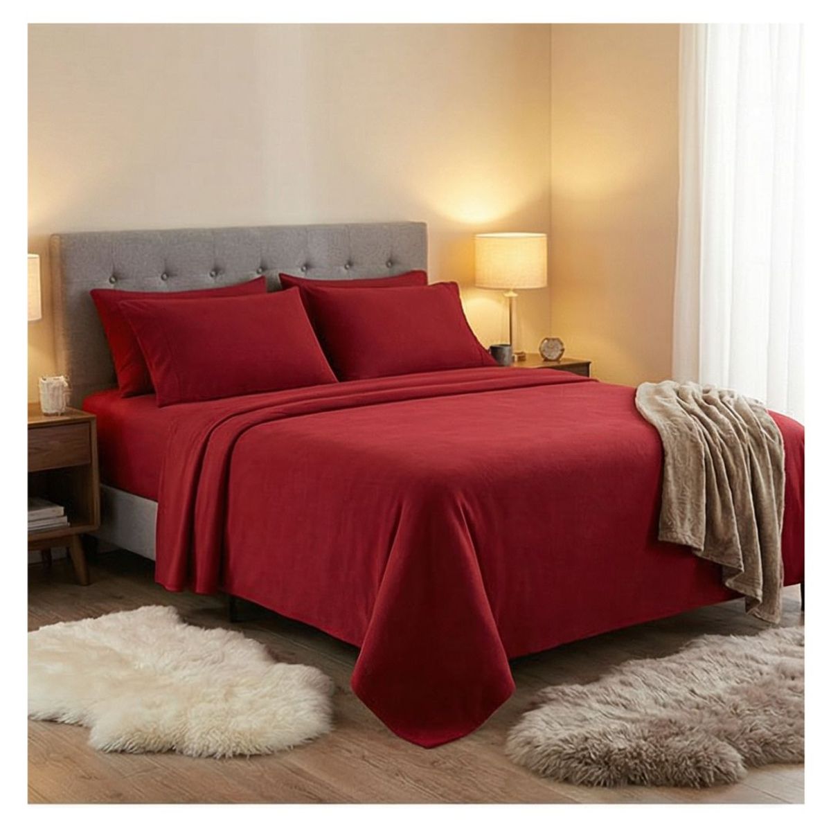 GENERICO - Juego de Sábanas Polar Unicolor King - Burdeo