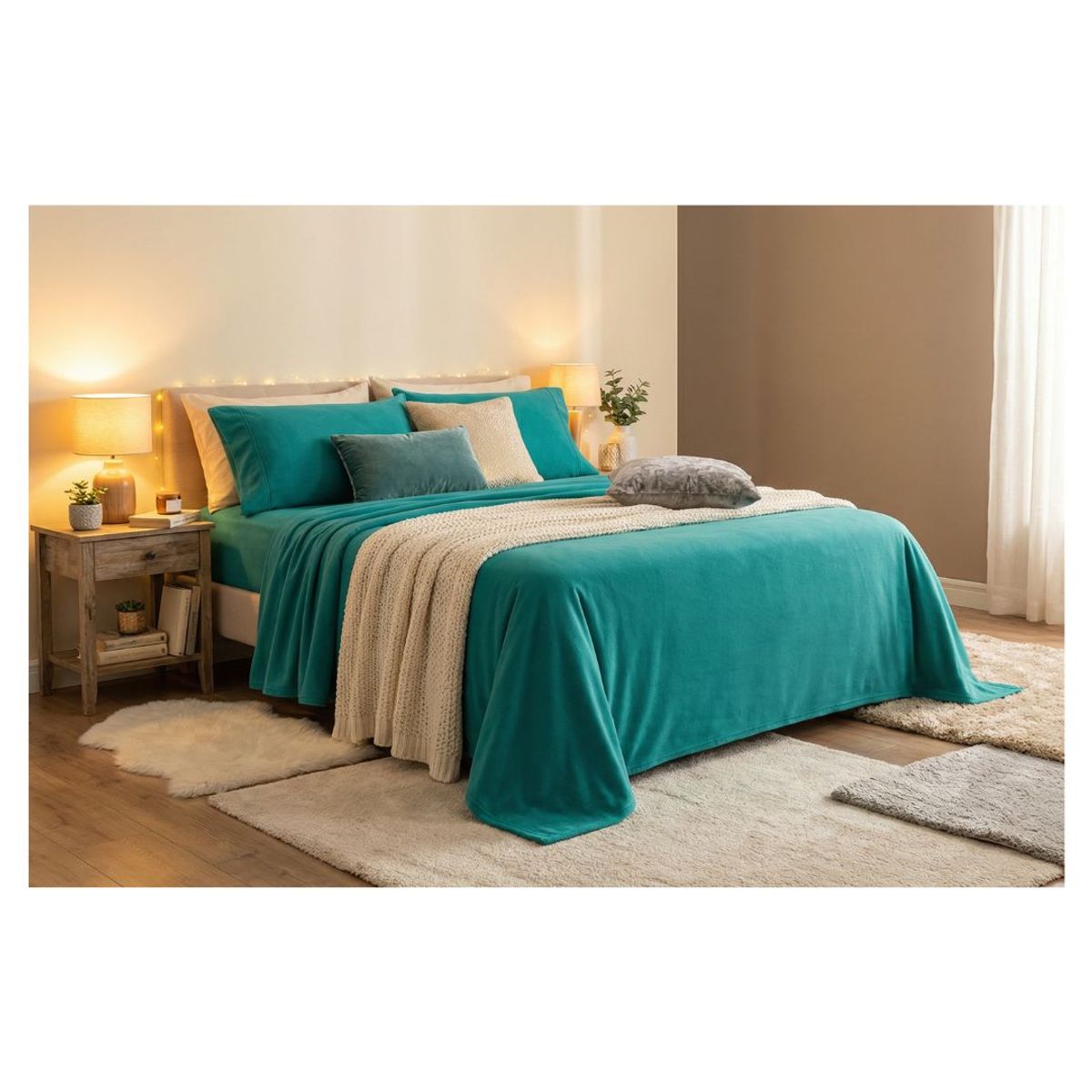 GENERICO - Juego de Sábanas Polar Unicolor King -  Turquesa