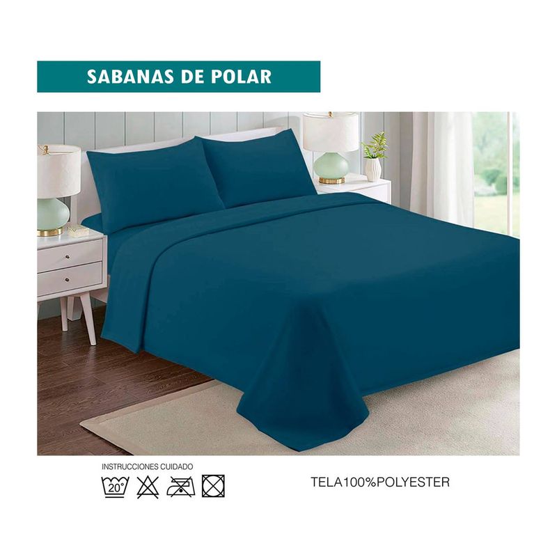 GENERICO - Juego de Sábanas Plaza y Media Polar Invierno - Azul Petróleo 1 1/2