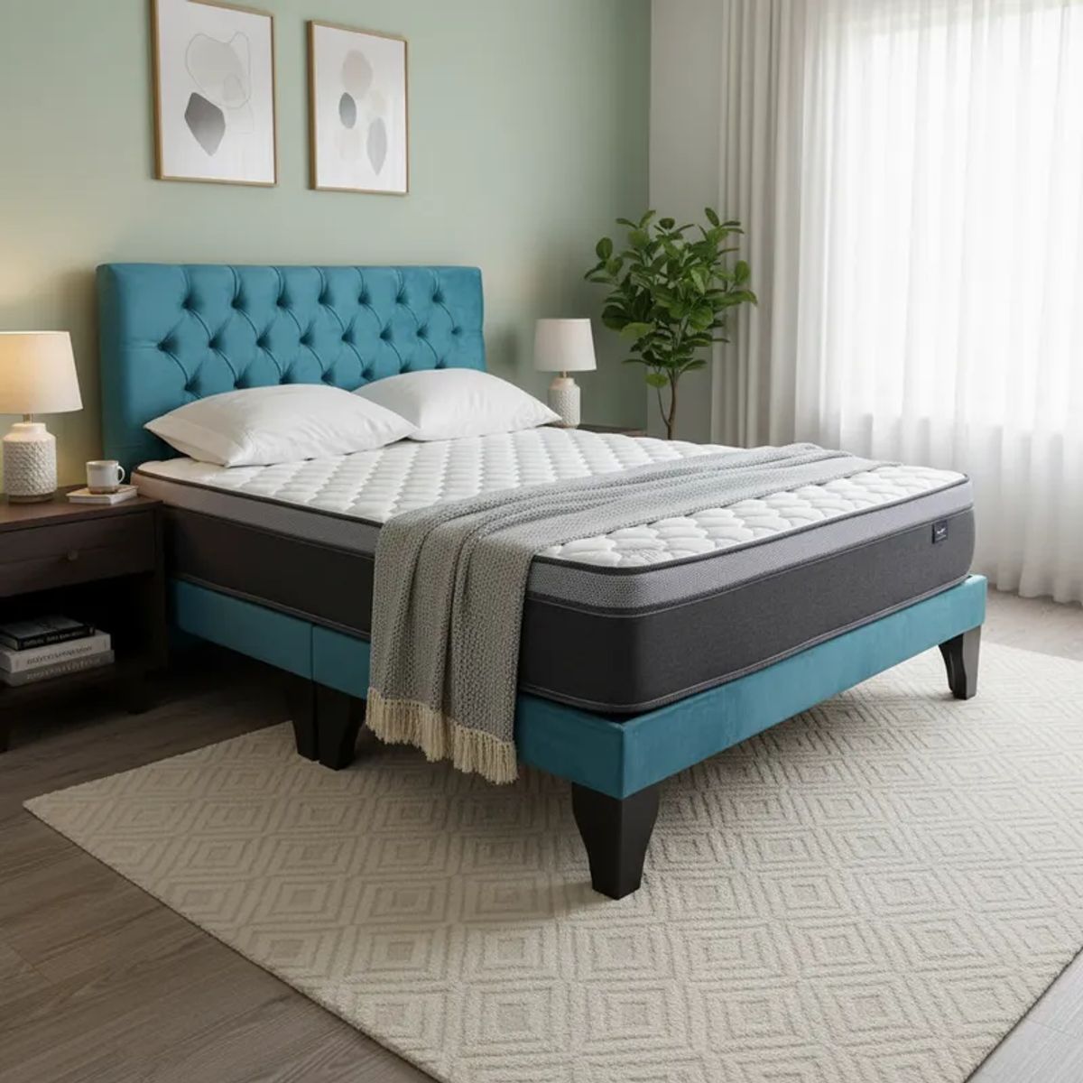 FLOBAL - Cama Europea 2 Plazas Base Dividida + Respaldo Capitones Turquesa